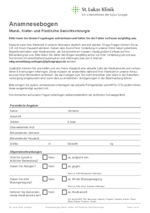 pdf-Formular Anamnesebogen, Mund-, Kiefer- und Plastische Gesichtschirurgie, St. Lukas Klinik, Solingen